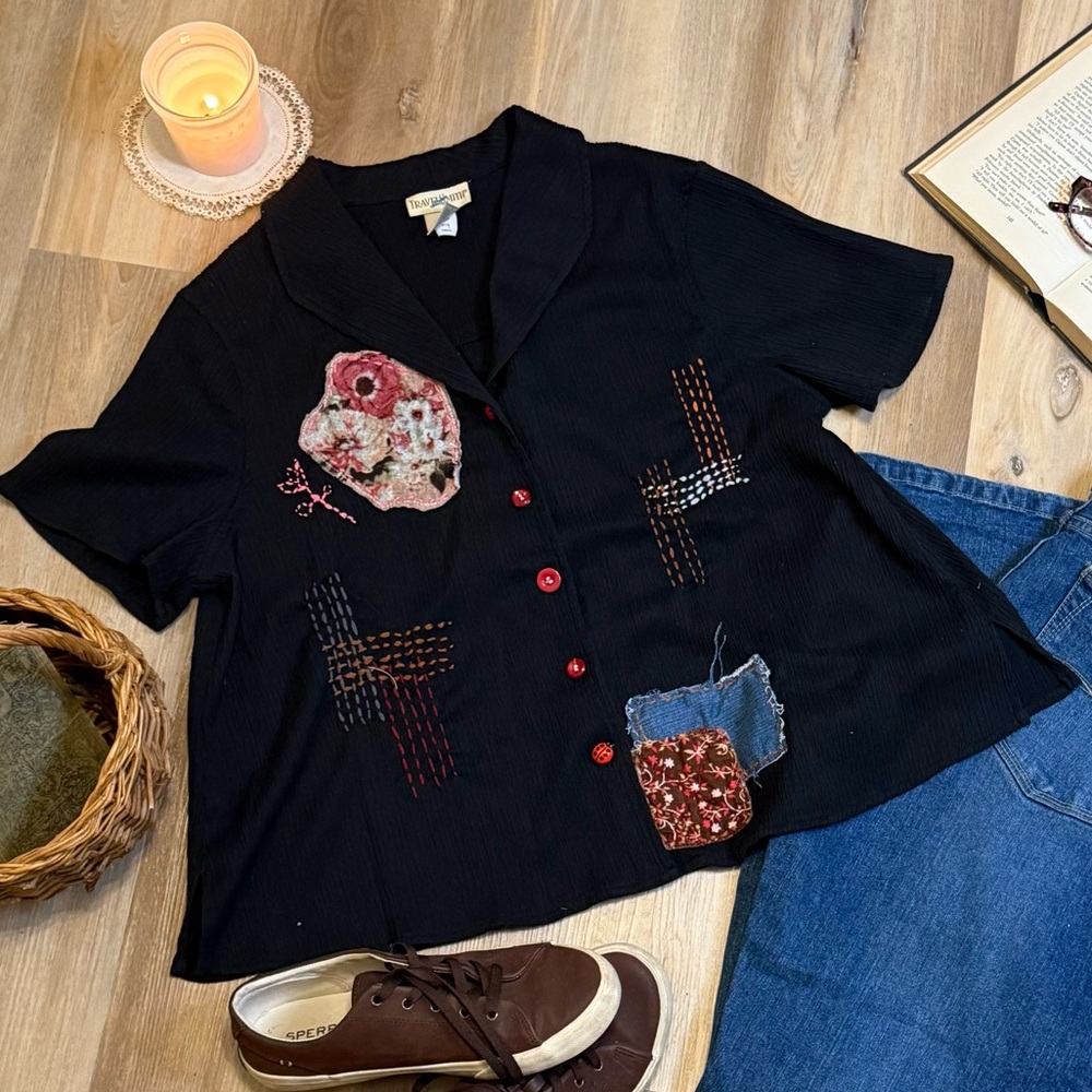 Upcycled Vintage Black Shirt with Sashiko Stitching Patchwork & Ladybug Buttons